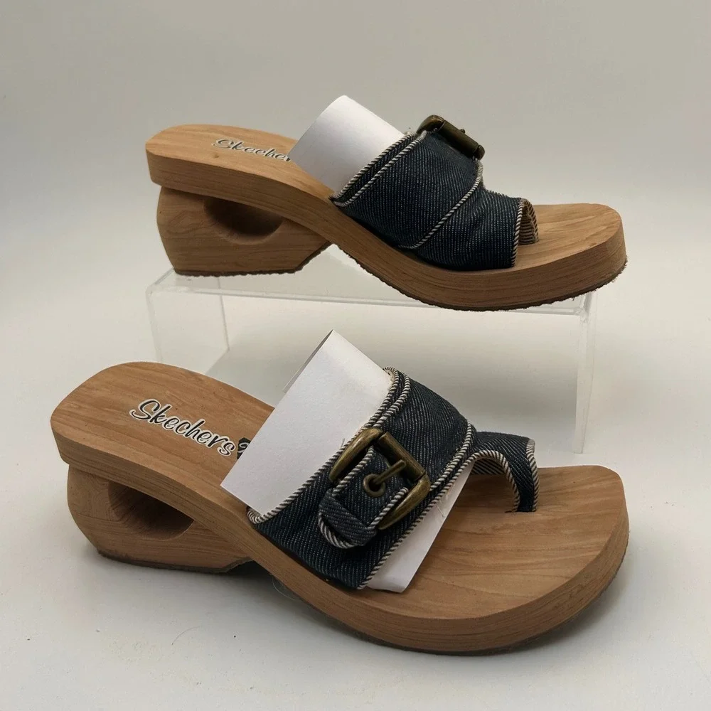 VTG Y2K Skechers Somethin Else Platform Sandals 6 Blue Denim Cutout Heel Boho